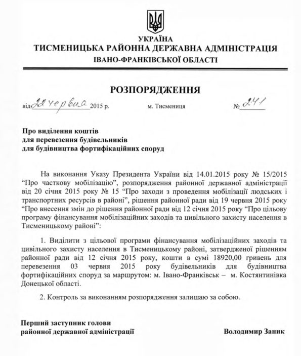 Розпорядження голови Тисменицької РДА