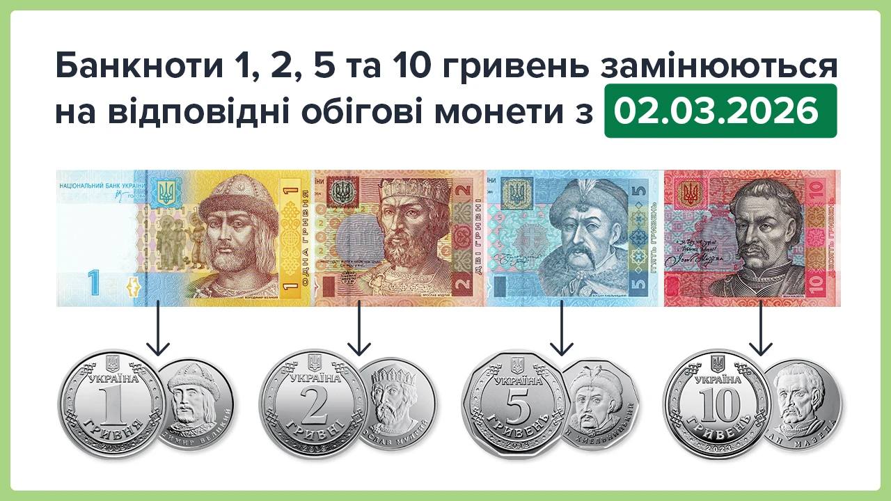 В Україні з другого березня банкноти 1, 2, 5 та 10 гривень замінюють на монети