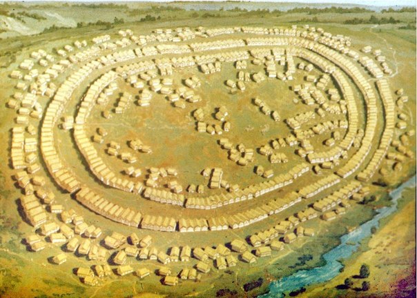 Панорама трипільського протоміста біля с. Майданецьке, 3600—3500 рр. до н.е. Площа 2 км. кв., близько 2 тисяч споруд, 6—10 тисяч мешканців