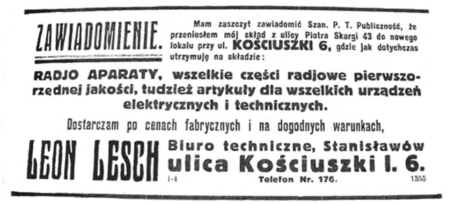 Реклама технічного бюро Леона Леша, «Кур’єр Станиславівський» від 6  березня 1927 р.