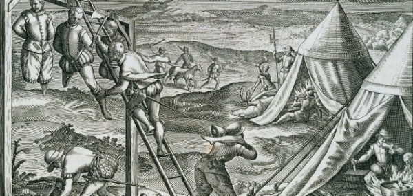 На этом рисунке, который был выгравирован Теодором де Брай, изображены голодные испанцы, отрезающие части тел повешенных воров.