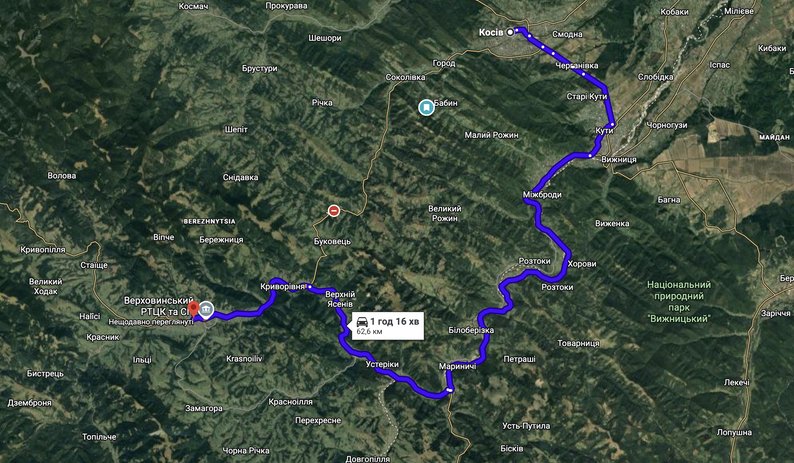 Маршрут, яким везли Леоніда Бойчука до Верховини, 11 серпня 2025 року. Скриншот з Google Maps